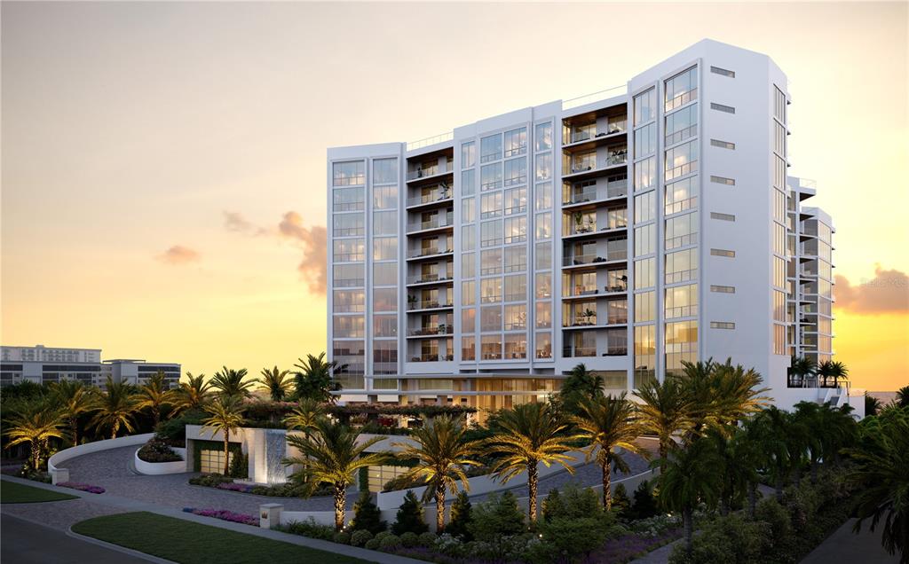 A rendering of a modern multi-story residential building with balconies and surrounding palm tree landscaping — 1000 BENJAMIN FRANKLIN DRIVE UNIT 1108, SARASOTA, FL
