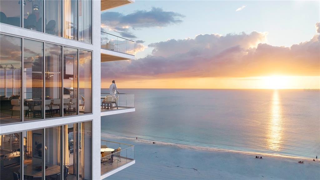 This architectural rendering shows a modern high-rise building with balconies overlooking a beach at sunset — 1000 BENJAMIN FRANKLIN DRIVE UNIT 1108, SARASOTA, FL
