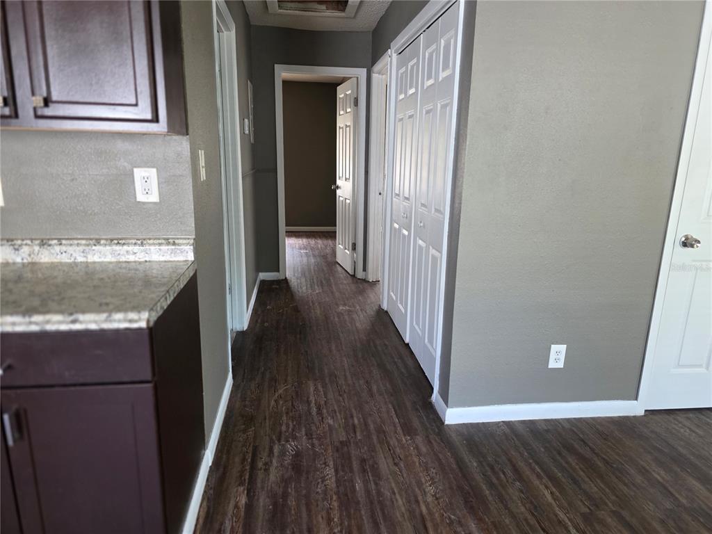 A hallway with dark wood-look flooring leads to a doorway, flanked by white closet doors — 3413 E 12TH AVENUE UNIT A, TAMPA, FL