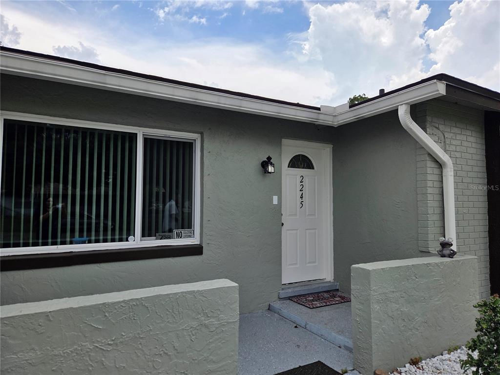 A gray exterior wall features a white front door, a window, and a concrete entryway — 2245 ELIZABETH DRIVE, BRANDON, FL