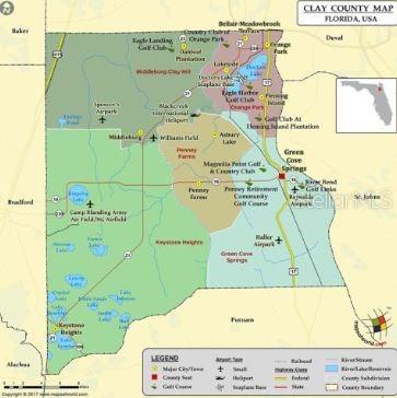This is a map of Clay County, Florida, showing cities, towns, and geographical features — 7231 LEHIGH DRIVE, KEYSTONE HEIGHTS, FL