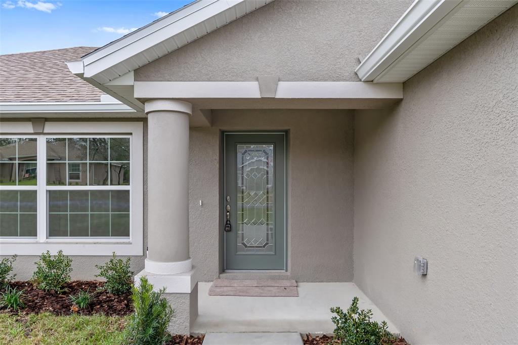 The exterior of a house features a gray front door with glass, a column, and landscaping — 12073 MANASSAS AVENUE, WEEKI WACHEE, FL