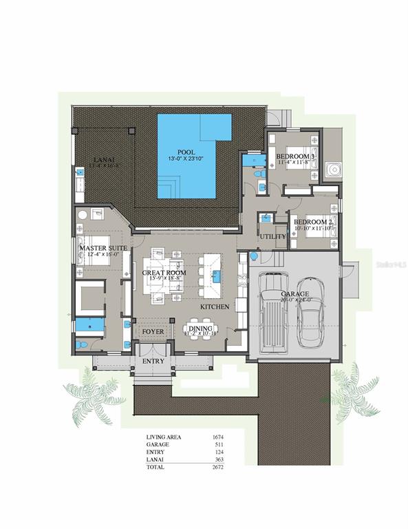 This floor plan shows a three-bedroom home with a pool, lanai, and two-car garage — 13 LAUREL COURT, PLACIDA, FL