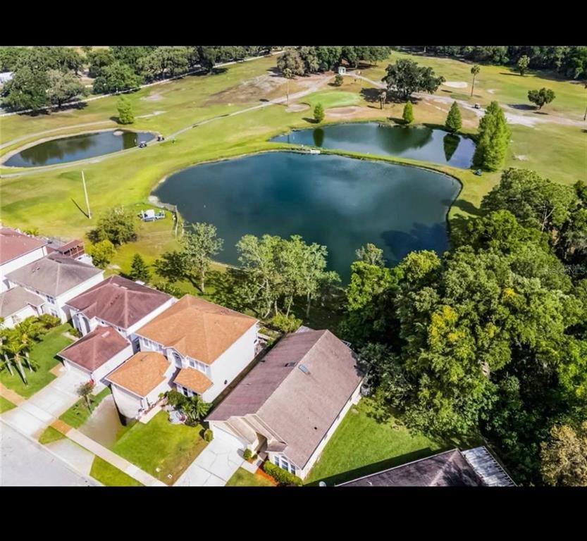 A neighborhood view features a retention pond with a fountain, a fire hydrant, and houses — 152 GOLFSIDE CIRCLE, SANFORD, FL
