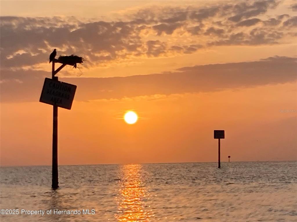A sunset view over water featuring a navigation sign with a bird nest on top — 3314 FERNLEAF DRIVE, HERNANDO BEACH, FL