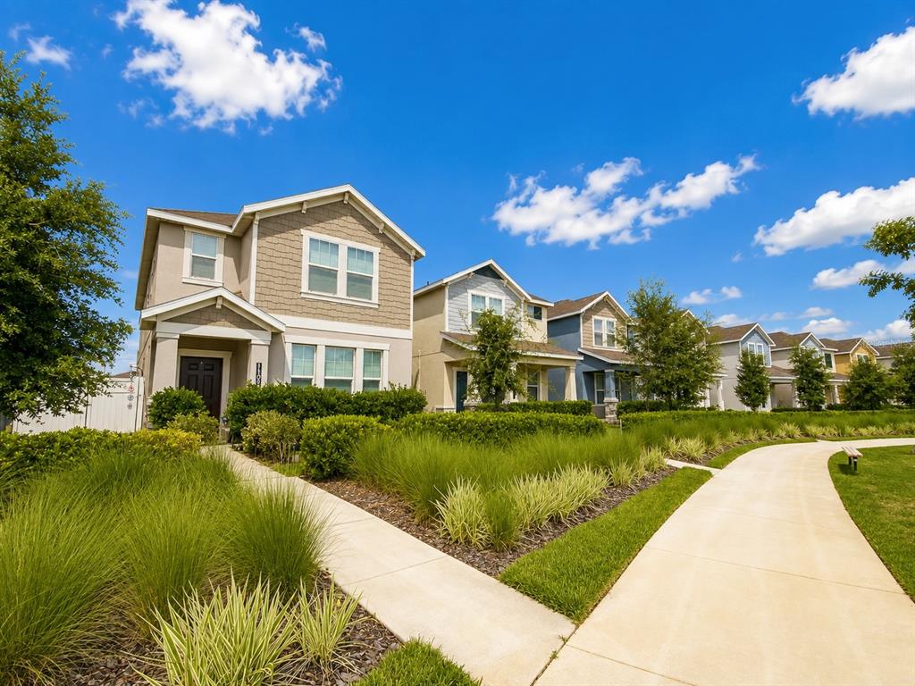 A row of suburban houses with tan and blue siding sits behind a landscaped walking path — 11018 SILVER SURFER ALLEY, WINTER GARDEN, FL