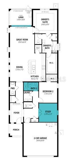 This is a floor plan for a single-story home featuring a two-car garage and lanai — 11423 BOUNDLESS TERRACE, VENICE, FL