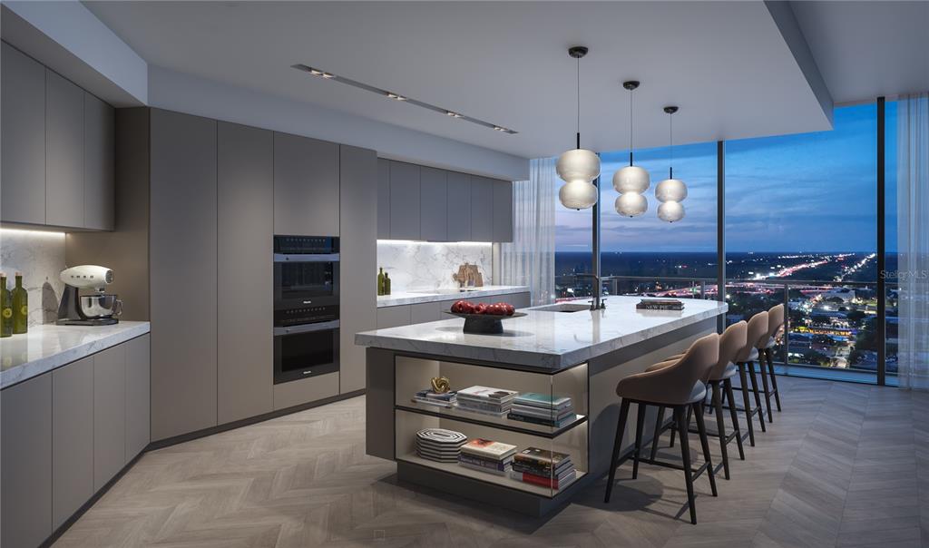 This is a rendering of a modern kitchen with a marble island and city skyline views — 1101 E JACKSON STREET, TAMPA, FL