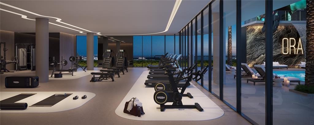 This rendering shows a modern fitness center with gym equipment, floor-to-ceiling windows, and an outdoor pool — 1101 E JACKSON STREET, TAMPA, FL