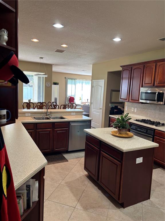 A kitchen features dark wood cabinets, a central island, and a breakfast bar — 307 CARRIAGE OAK PL, SEFFNER, FL