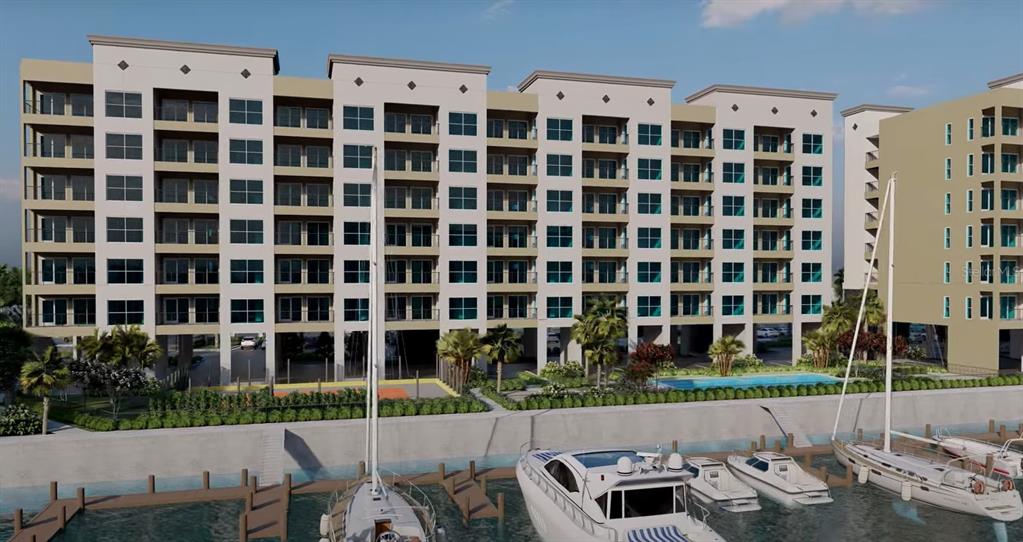 This rendering shows a multi-story apartment building with balconies overlooking a marina and swimming pool — 5015 US HIGHWAY 19 UNIT 201, NEW PORT RICHEY, FL