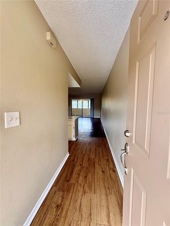 An entryway with wood-look flooring leads into a living area with a sliding glass door — 6128 TOPHER TRAIL UNIT 6128, MULBERRY, FL