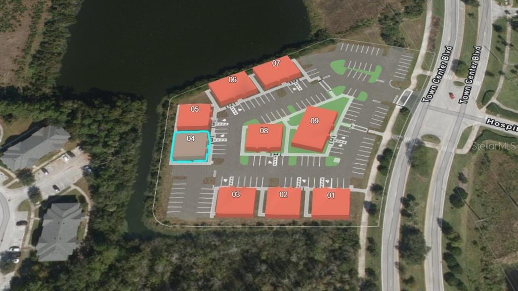 This is an aerial site plan rendering showing multiple commercial buildings and parking lots — 60 EXCHANGE LOOP LOOP UNIT 4, PALM COAST, FL