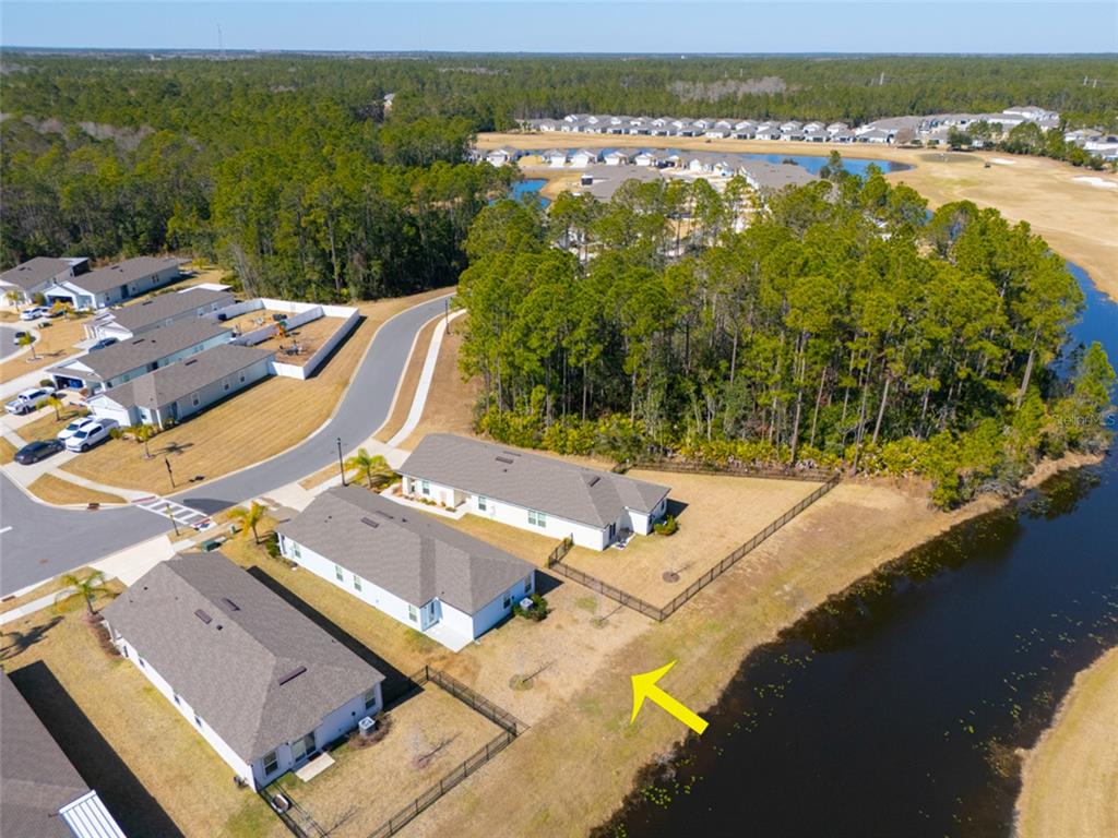An aerial view shows suburban houses with fenced backyards situated along a pond and woods — 18 BOGEY PLACE, BUNNELL, FL
