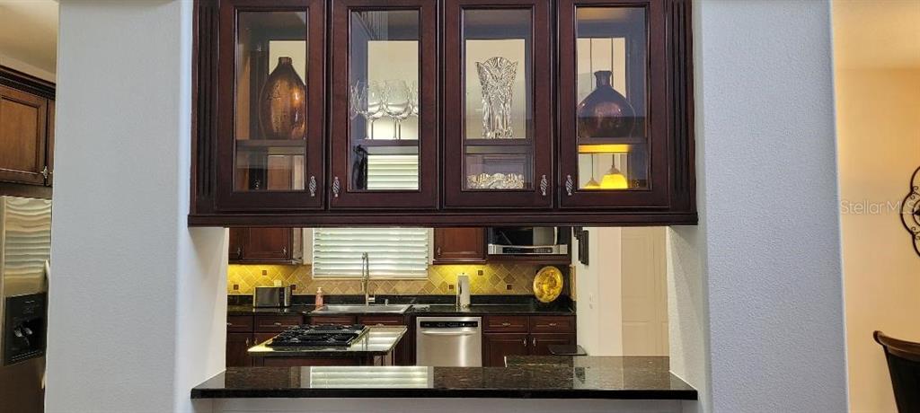 A kitchen view features dark wood cabinets, granite countertops, and a glass-fronted upper cabinet display — 2675 LAKEBREEZE LANE S, CLEARWATER, FL