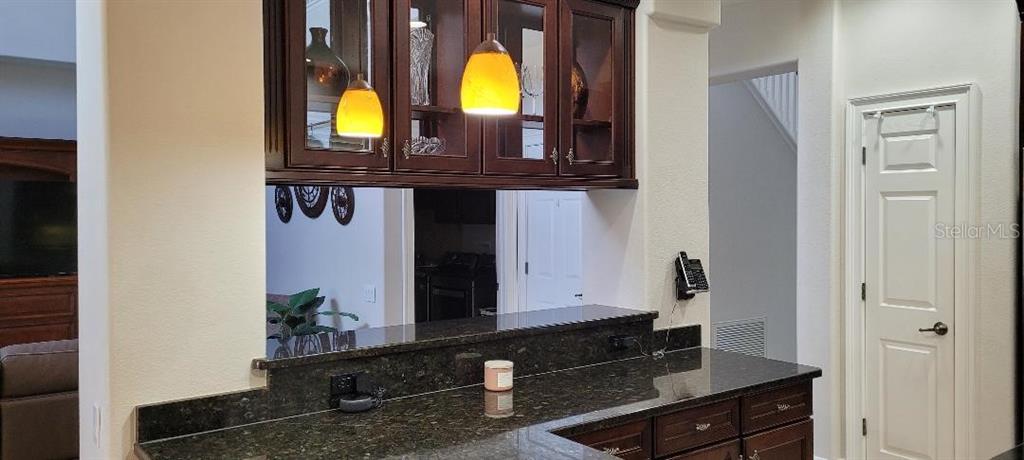 A kitchen features dark wood cabinets, granite countertops, and two hanging pendant lights — 2675 LAKEBREEZE LANE S, CLEARWATER, FL