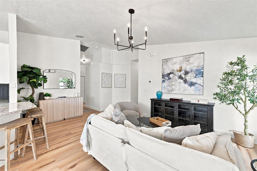 A living room features a light-colored sofa, a dark media console, and a modern chandelier — 1116 SHARED PASSION STREET, RUSKIN, FL