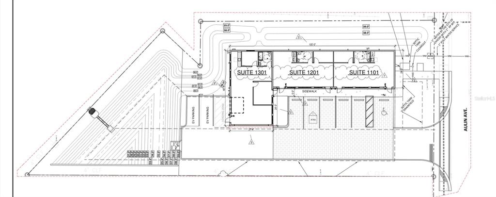 This is a site plan rendering showing a commercial building with parking and landscaping — 593 AULIN AVENUE, OVIEDO, FL