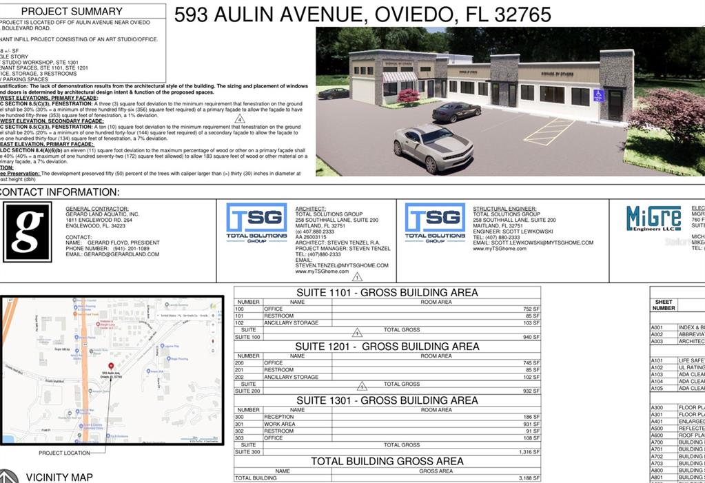 This image is a project summary document containing building specifications, contact information, and a site map — 593 AULIN AVENUE, OVIEDO, FL