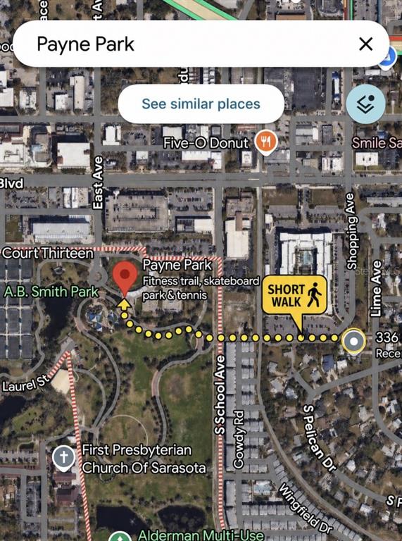 This is a map showing the location of Payne Park in Sarasota, Florida — 336 S LIME AVENUE, SARASOTA, FL