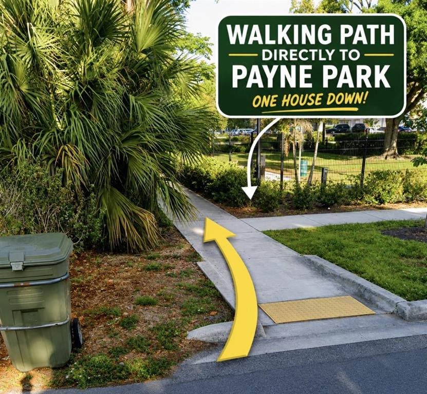 A sidewalk leads past a trash bin toward a park, marked by a directional sign — 336 S LIME AVENUE, SARASOTA, FL