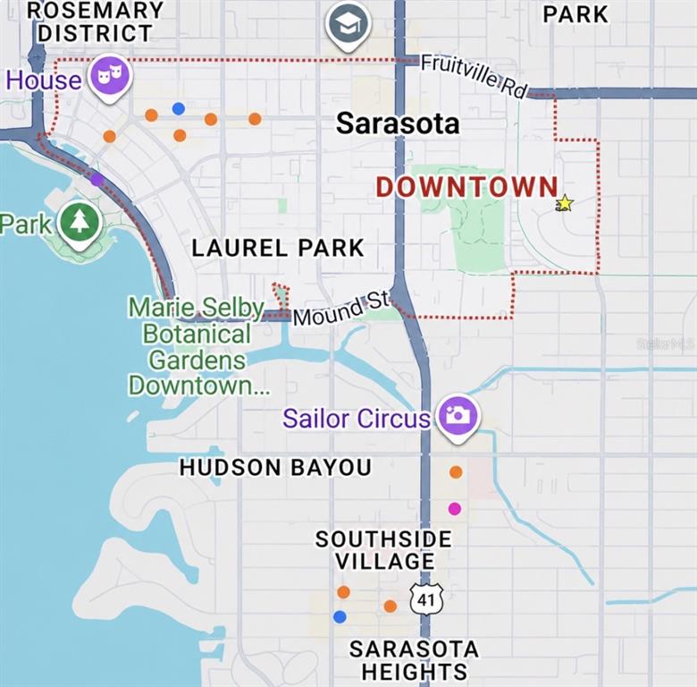 This is a map showing the downtown Sarasota area with various landmarks and neighborhood labels — 336 S LIME AVENUE, SARASOTA, FL