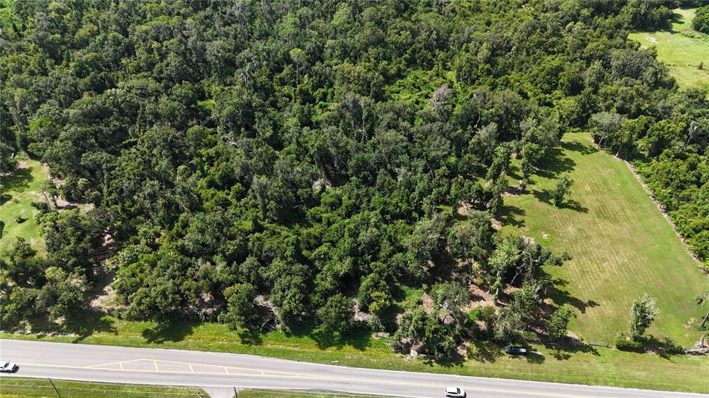 An aerial view shows a wooded lot adjacent to a paved road and an open field — 12275 COUNTY ROAD 675, PARRISH, FL