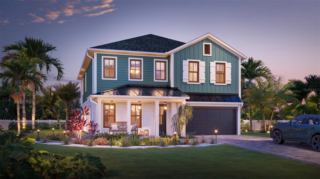 A digital rendering of a two-story house with teal siding, a porch, and a garage — 560 7TH STREET S, SAFETY HARBOR, FL