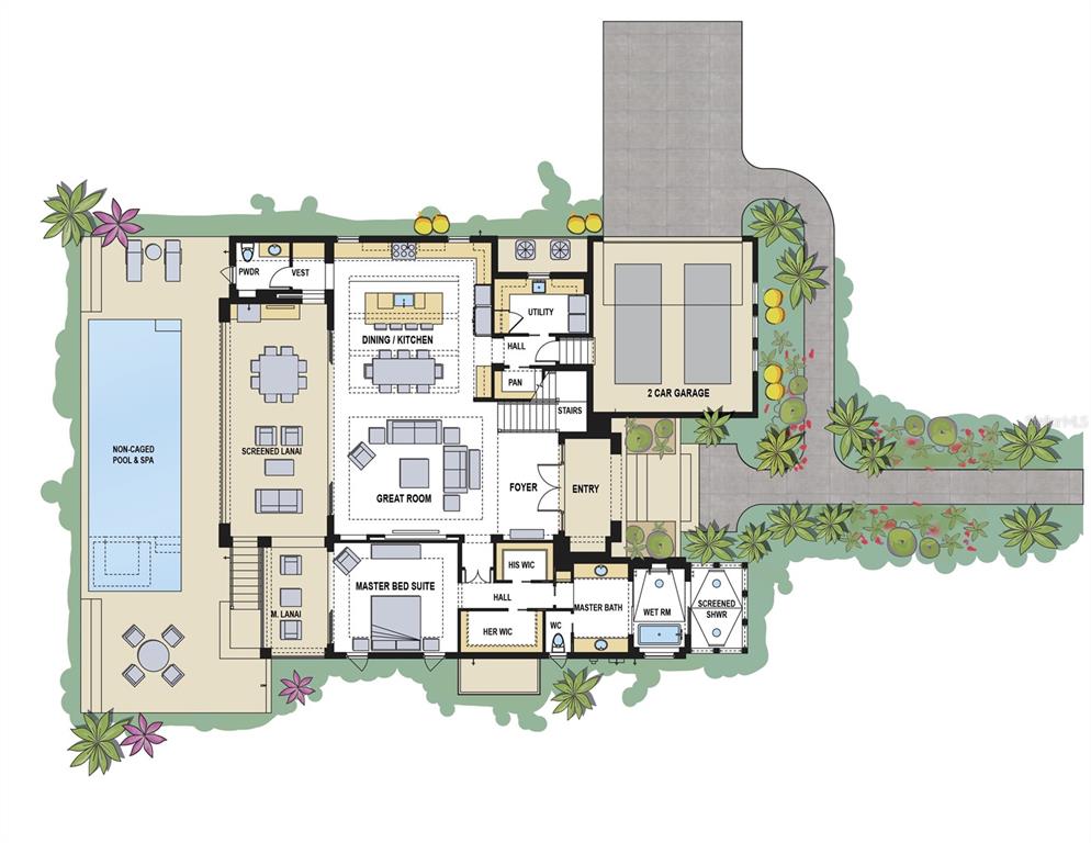This floor plan shows a single-story home with a pool, lanai, and two-car garage — 5572 SHADOW LAWN DRIVE, SARASOTA, FL