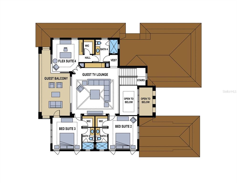 This floor plan shows the upper level of a house with three bedroom suites — 5572 SHADOW LAWN DRIVE, SARASOTA, FL