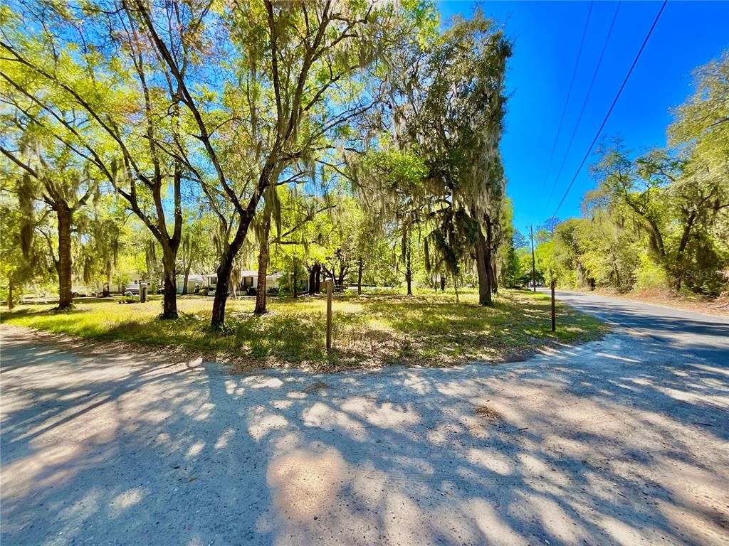 A vacant, wooded lot sits at the corner of two paved roads under sunny skies — Lot 1 SE 16TH STREET, MELROSE, FL