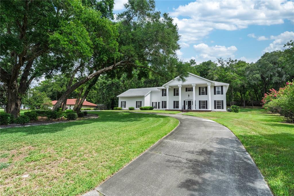 A two-story white house with columns and a long driveway sits on a grassy lot — 7219 CHESTERHILL CIRCLE, MOUNT DORA, FL
