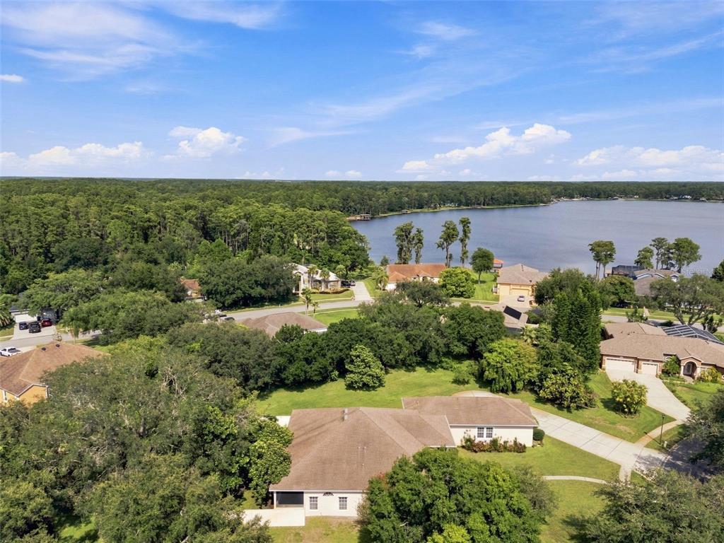 An aerial view shows a suburban neighborhood with houses, green trees, and a large lake — 13750 DOWLING LANE, ODESSA, FL
