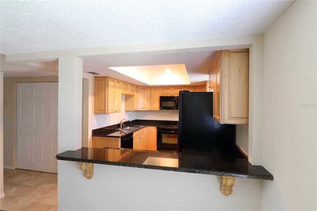 A kitchen with light wood cabinets, black countertops, and a breakfast bar opening to another room — 2465 HERON TERRACE UNIT 202B, CLEARWATER, FL