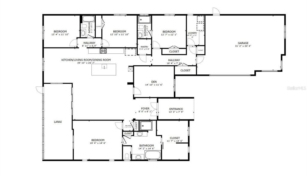 This is a floor plan of a single-story house featuring four bedrooms, a garage, and lanai — 492 ADAMS VIEW LANE, AUBURNDALE, FL
