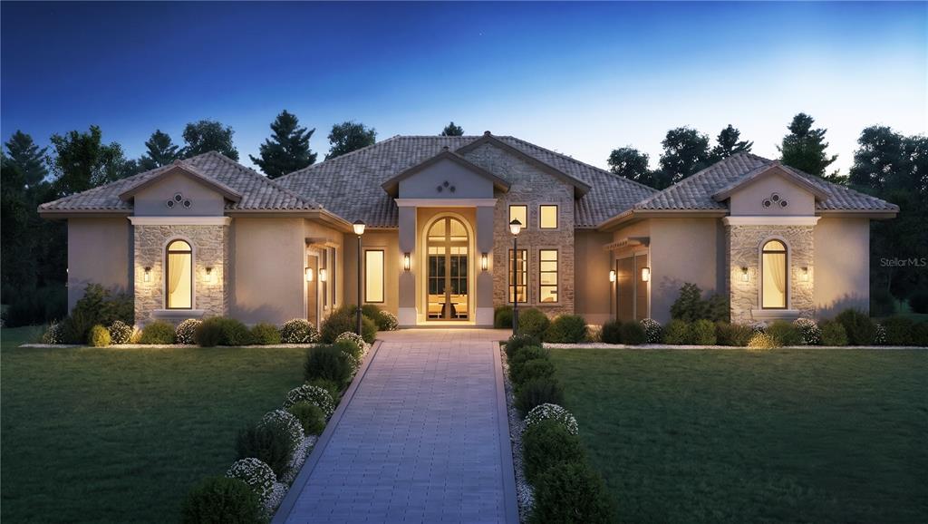 A digital rendering of a single-story Mediterranean-style house with a stone facade and tiled roof — 15738 PENDIO DRIVE, MONTVERDE, FL