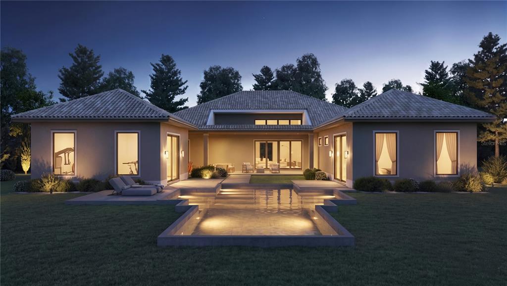This is a rendering of a modern house exterior with a pool at twilight — 15738 PENDIO DRIVE, MONTVERDE, FL