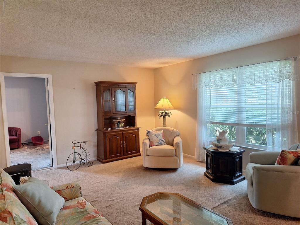 A living room features beige carpet, a wooden hutch, two armchairs, and a large window — 2707 PINE TREE DRIVE, EDGEWATER, FL