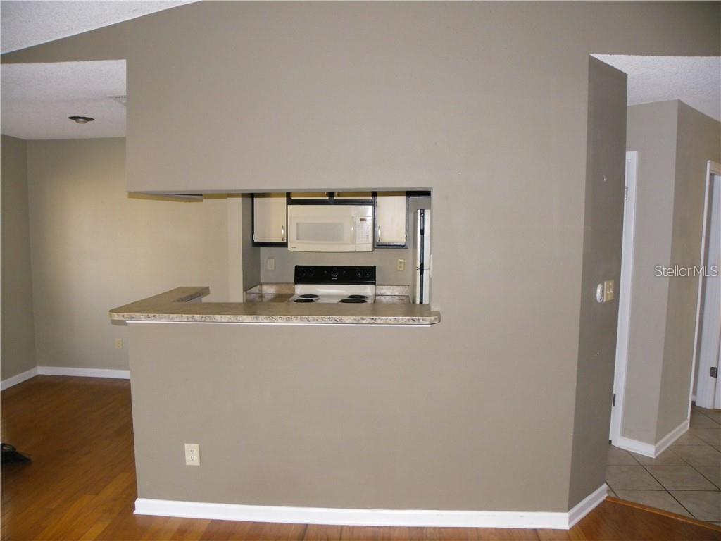 A view from a living area looking through a pass-through window into a kitchen — 8722 MALLARD RESERVE DRIVE UNIT 204, TAMPA, FL
