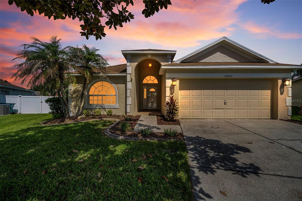A single-story house with a beige stucco exterior, a two-car garage, and a palm tree — 25427 SEVEN RIVERS CIRCLE, LAND O LAKES, FL