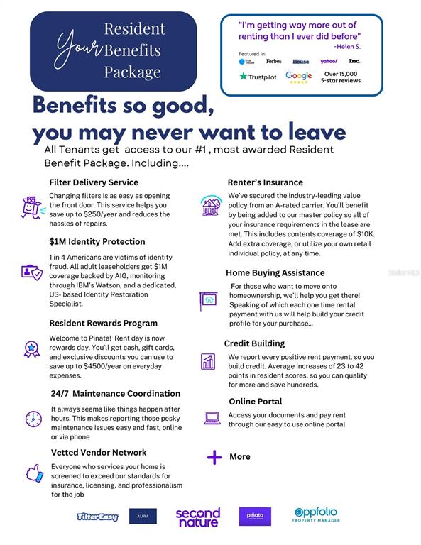 This is an informational flyer detailing the features and benefits of a resident package — 2610 GROVELAND AVENUE, DELTONA, FL