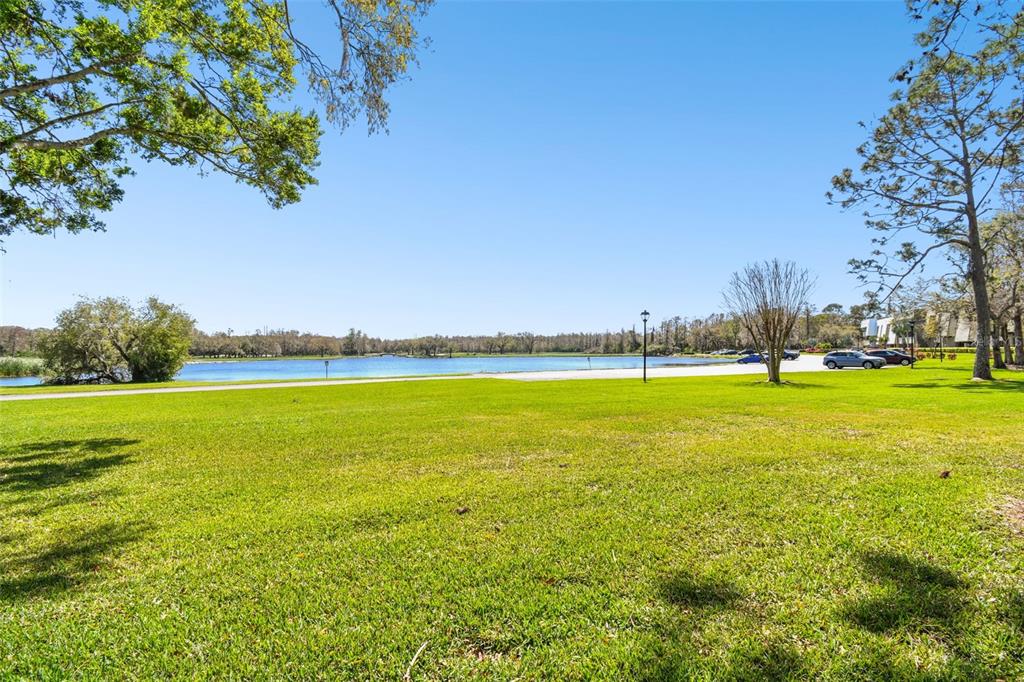 A large grassy lawn leads to a lake with trees and parked cars nearby — 36750 US HIGHWAY 19 N UNIT 04138, PALM HARBOR, FL