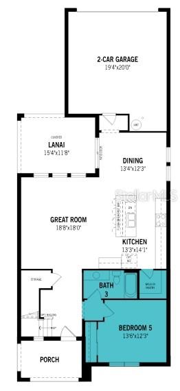 This is a floor plan of a home's first level featuring a garage, kitchen, and bedroom — 13463 GOOD VIBES AVENUE, ORLANDO, FL