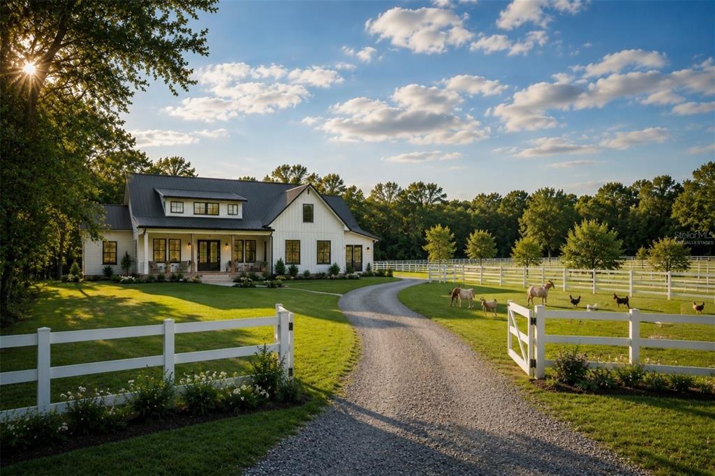 A white farmhouse with a metal roof sits at the end of a gravel driveway — YALE HAMMOCK ROAD, UMATILLA, FL