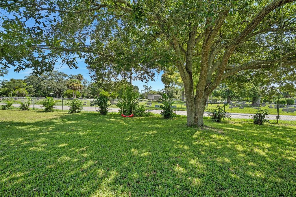A grassy backyard features a large tree with a red swing and a chain-link fence — 1649 CORDOVA AVENUE, HOLLY HILL, FL