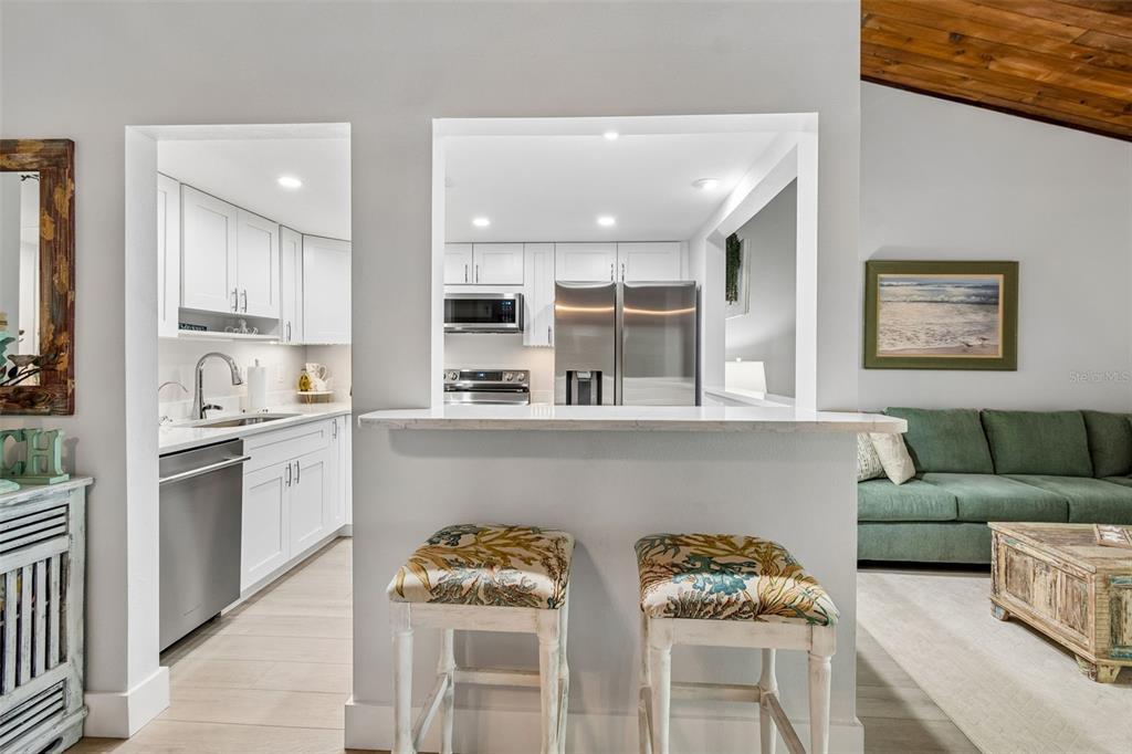 A kitchen with white cabinets and stainless appliances is viewed through a pass-through window — 505 PLAZA SEVILLE COURT UNIT 12, TREASURE ISLAND, FL