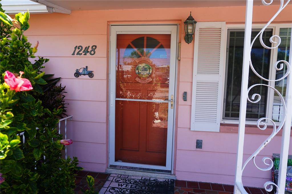 A pink exterior wall features a house number, a storm door, and a decorative plant — 1248 ERMINE DRIVE, HOLIDAY, FL