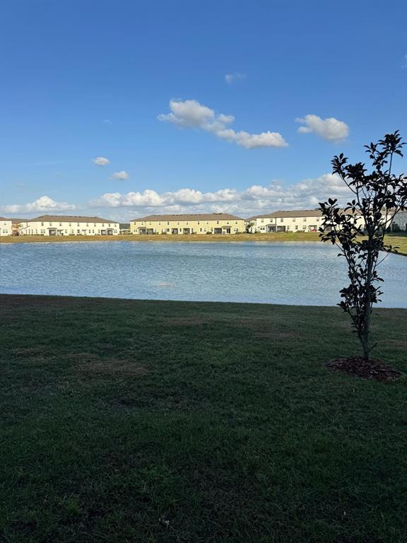 A view of a pond with apartment buildings in the background under a blue sky — 10308 LAVENDER ASTER TRAIL, SAN ANTONIO, FL