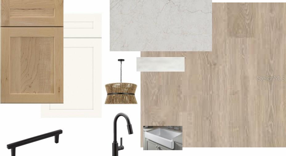 This is a digital design board showing kitchen cabinetry, countertop, flooring, and fixture finish samples — 17793 BLUE HESPHER DRIVE, VENICE, FL