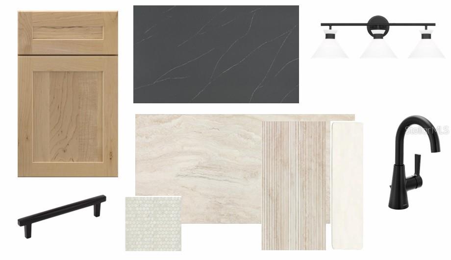 This design mood board features light wood cabinetry, dark quartz countertops, and matte black hardware — 17793 BLUE HESPHER DRIVE, VENICE, FL